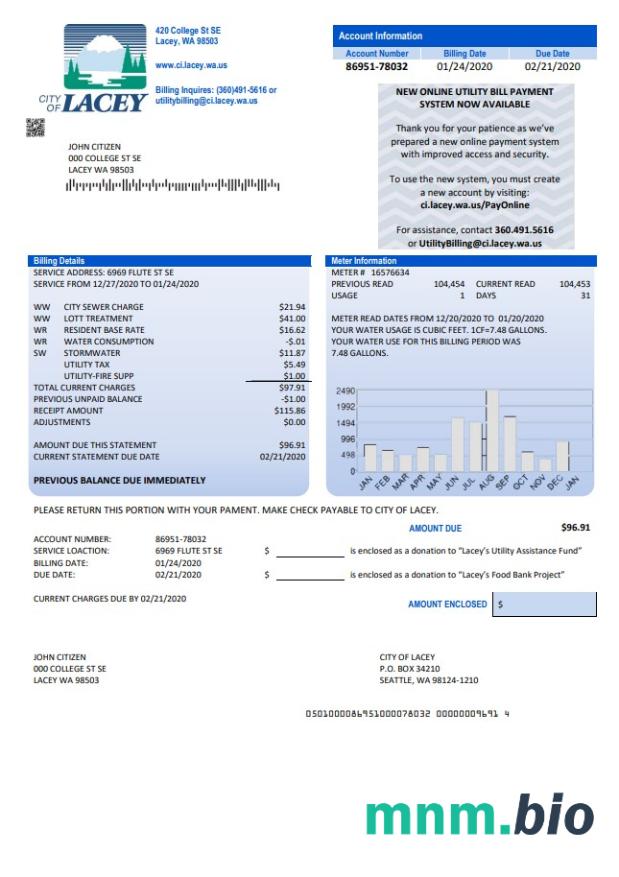 USA Washington City of Lacey woda rachunek za media szablon w formacie Word i PDF (dowód adresu)